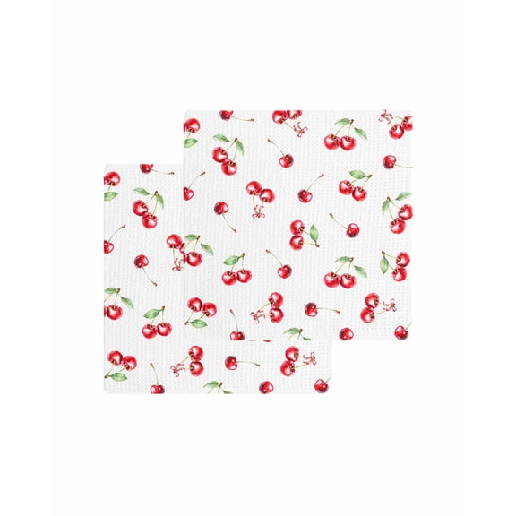 Cherry Rustic Kitchen Dish Towels for Drying Dishes Set of 2, Spring Summer Tropic Fruit Watercolor Waffle Weave Microfiber Terry Hand Tea Bathroom Towels Quick Dry & Absorbent Towel 12x12