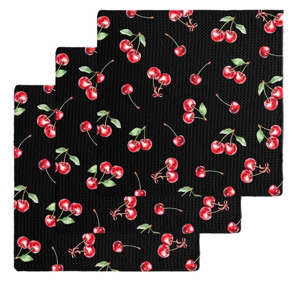 Cherry Rustic Kitchen Dish Towels for Drying Dishes Set of 3, Spring Summer Tropic Fruit Black Waffle Weave Microfiber Hand Tea Bathroom Towels Quick Dry & Absorbent Towel 12x12