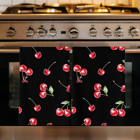 Cherry Rustic Kitchen Towels Set of 1, Spring Summer Tropic Fruit Black Absorbent Dish Towels for Kitchen, Microfiber Hand Towel, Quick Drying Tea Towel for Cleaning Decorative Dishcloths