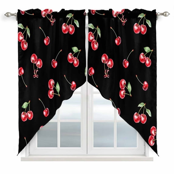 Cherry Rustic Kitchen Window Curtains, Swag Curtains Valance for Bedroom Living Room Bathroom, Spring Summer Tropic Fruit Black Rod Pocket Window Treatment Curtain Block Drapes 2 Panels 36"x63"