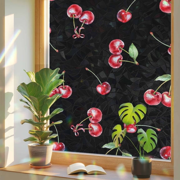 Cherry Rustic Privacy Window Film, Decorative Stained Glass Window Film, Spring Summer Tropic Fruit Black Resuable Rainbow Static Cling for Home Bathroom Living Room Glass Door 23.6"x59"