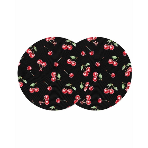 Cherry Rustic Round 13 Inch Placemats Set of 2, Spring Summer Tropic Fruit Black HeatResistant Non Slip Place Mats for Dining Table, Wipeable Braided Kitchen Table Mats for Housewarming