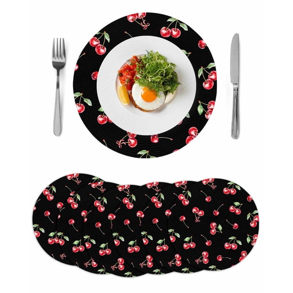 Cherry Rustic Round 15 Inch Placemats Set of 6, Spring Summer Tropic Fruit Black HeatResistant Non Slip Place Mats for Dining Table, Wipeable Braided Kitchen Table Mats for Housewarming
