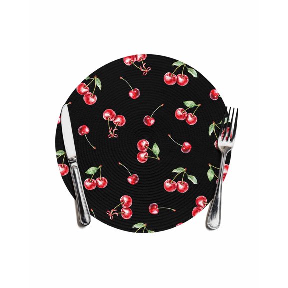 Cherry Rustic Round Placemats for Dinning Tables, Heat-proof Braided Table Mats 13 Inch, Spring Summer Tropic Fruit Black Washable Place Mat for Kitchen Restaurant Party Decor Supplies Table Setting