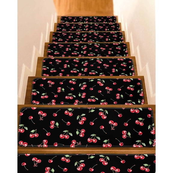 Cherry Rustic Stair Treads for Wooden Steps Indoor Runner Rug Carpet, Spring Summer Tropic Fruit Black 15 Pieces Peel and Stick Staircase Step Treads Covers Washable Throw Door Mats, 30"x8"