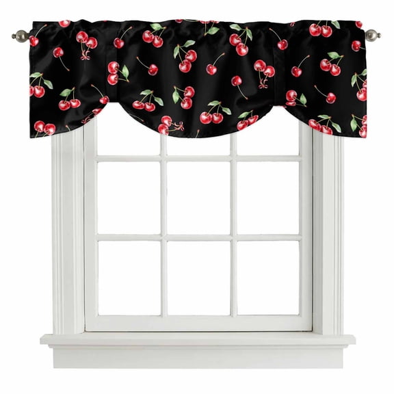Cherry Rustic Tie Up Valance Curtains for Windows, Kitchen Curtains Window Shades, Spring Summer Tropic Fruit Black Light Filtering Roman Curtain Valances for Bedroom/Bathroom/Cafe 60"x18"