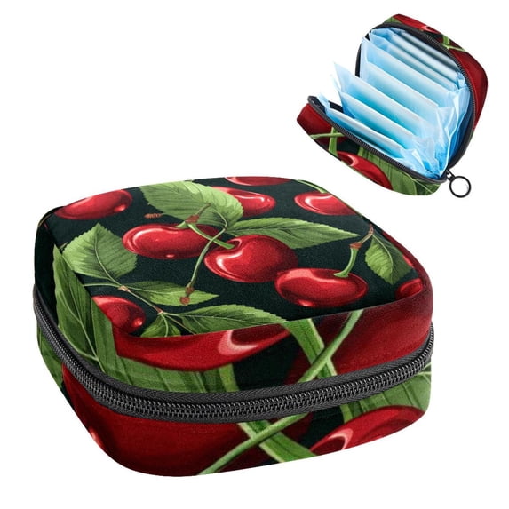 Cherry Sanitary Napkin Bag, Sanitary Napkin Purse, Pencil Pouch with Zipper, Coin Pouch Zipper, 4.7x6.6x6.6 in, Velvet, Sponge, Oxford Cloth