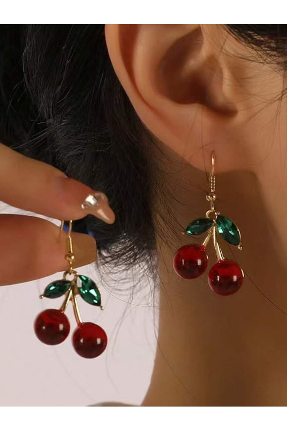 Cherry-Shaped Dangle Earrings With Red Glass Beads And Green Rhinestone Leaves, Goldtone Metal, 1 Pair