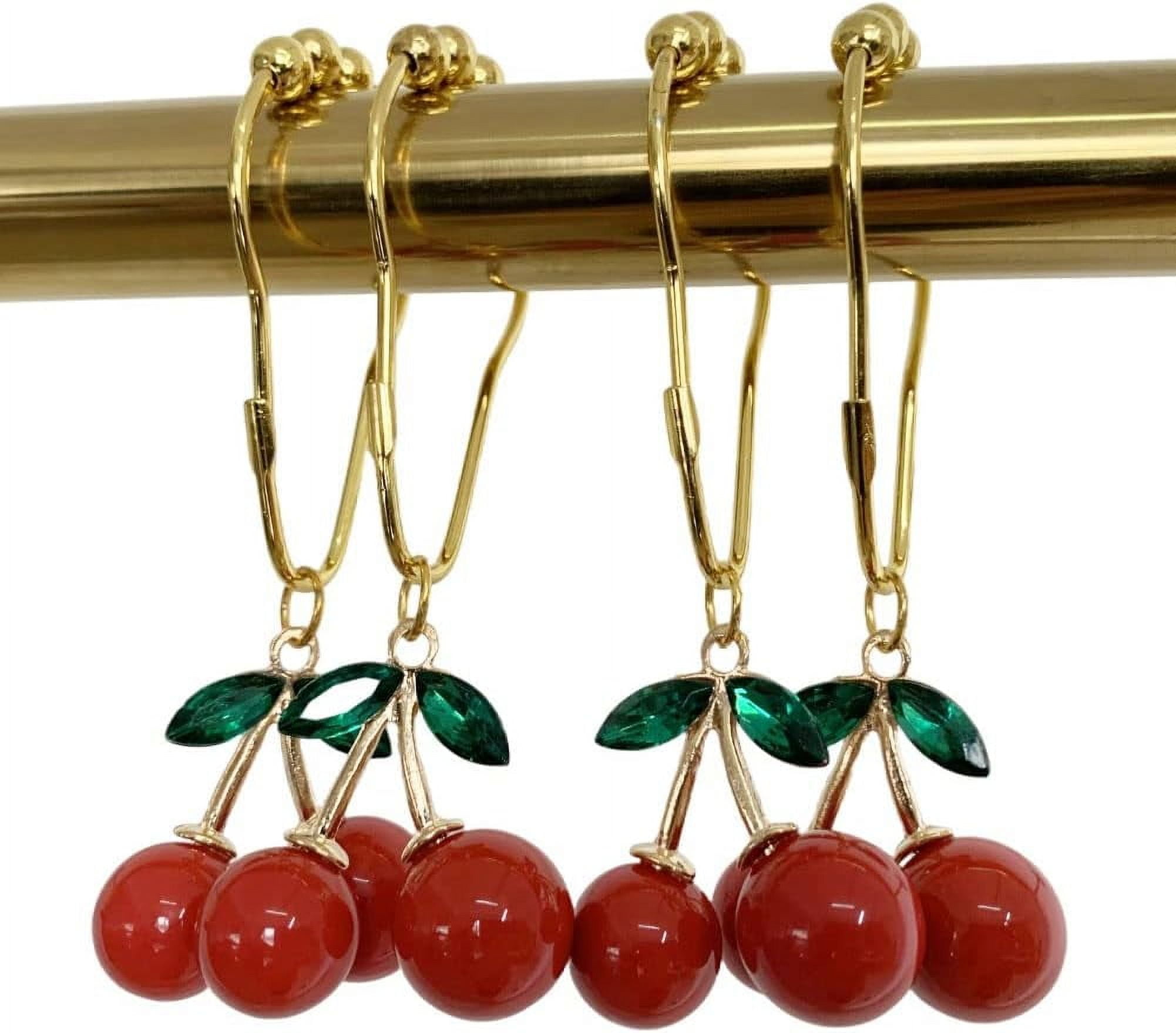 Cherry Shower Curtain Hooks Rings for Bathroom Shower Curtain & Liners, Rust Proof Stainless Steel Decorative Curtain Ring with Resin Red Fruit Themed Cherry Bathroom Decor, Set of 12 (Gold)