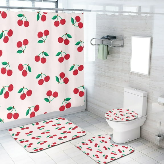 Cherry Shower Curtain Sets with Non-Slip Rug Cartoon Red Fruit Green Leaves Bathroom Sets Decor Accessories Bathroom Curtains Shower Set with Non-Slip Rug Toilet Lid Cover Bath Mat, 72x72 Inch