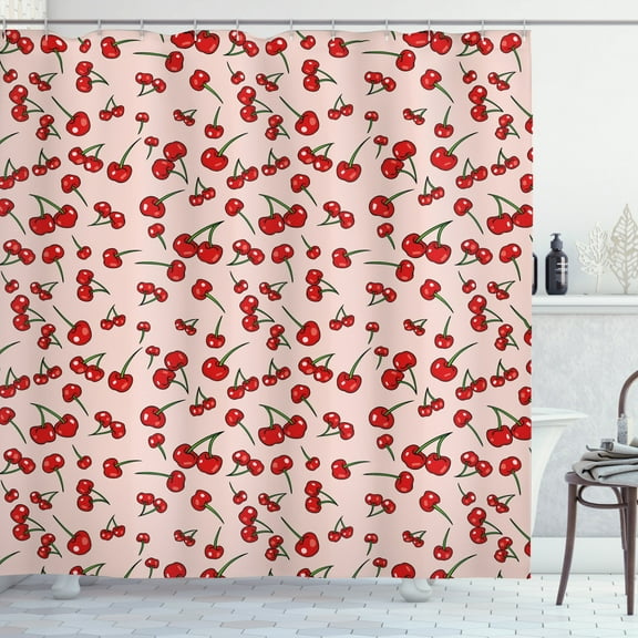 Cherry Shower Curtain, Summer Pattern of Repeating Fruit in Irregular Order Scattered Layout, Fabric Bathroom Set with Hooks, 69W X 70L Inches, Blush Vermilion and Green, by Ambesonne