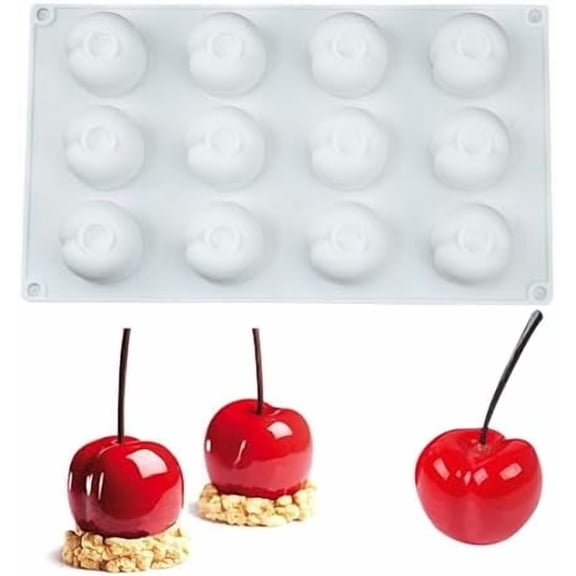 Cherry Silicone Molds for Baking Mousse Cake, 3D Silicone Baking Mold for Candy Pastry Chocolate Truffle Cupcake Jelly Cookie Pudding Cake Decoration Mold, Cherry Shape (12-Cavity)