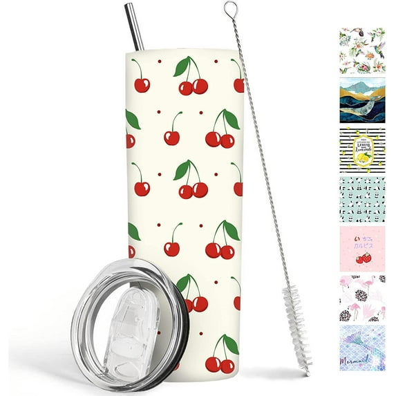 Cherry Skinny Tumblers 20 oz Slim Tumblers with Lid and Straw Cherry Stainless Steel Vacuum Insulated Skinny Tumbler