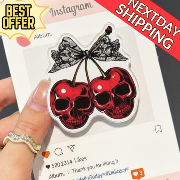 Cherry Skull Magnetic Phone GripGothic Aesthetic, Cherry Skull Design, Amazing Phone Holder, Dark Fantasy Phone Accessory, Lace Bow Detail