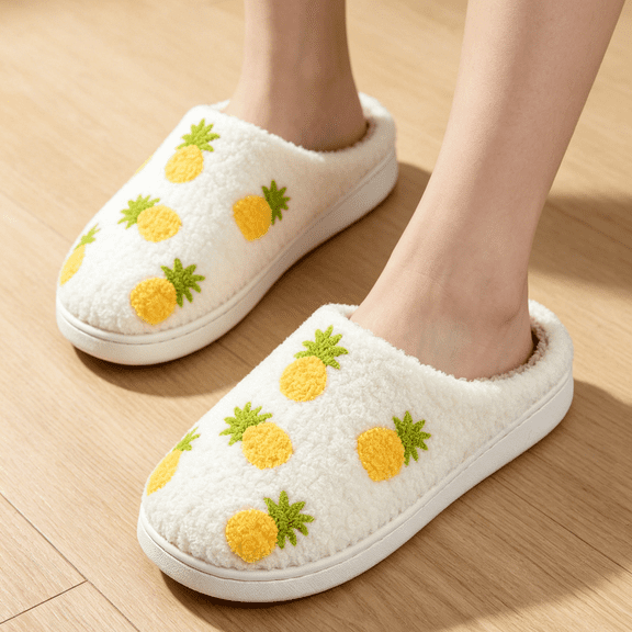 Cherry Slippers for Women, Closed Toe Fuzzy House Slippers with Embroidered Fruit Cactus, Boucle Fleece Flat Non-Slip Bedroom Shoes for Winter Gifts