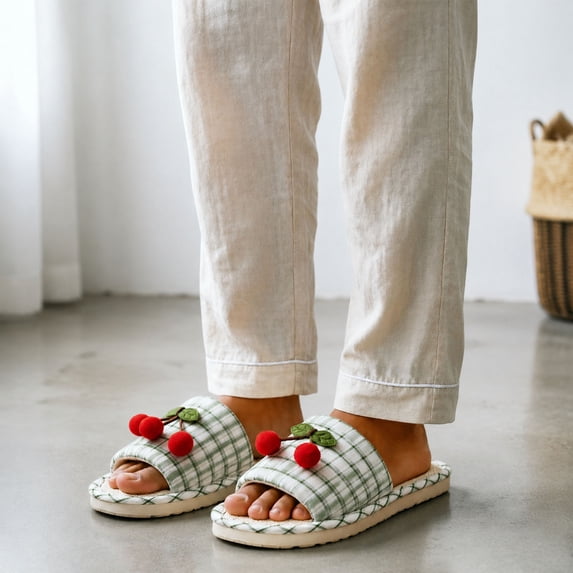 Cherry Slippers for Women Cute Fuzzy Slipper Cozy Plush Indoor House Shoes Open Toe Comfy Warm Footwear Green 8.5