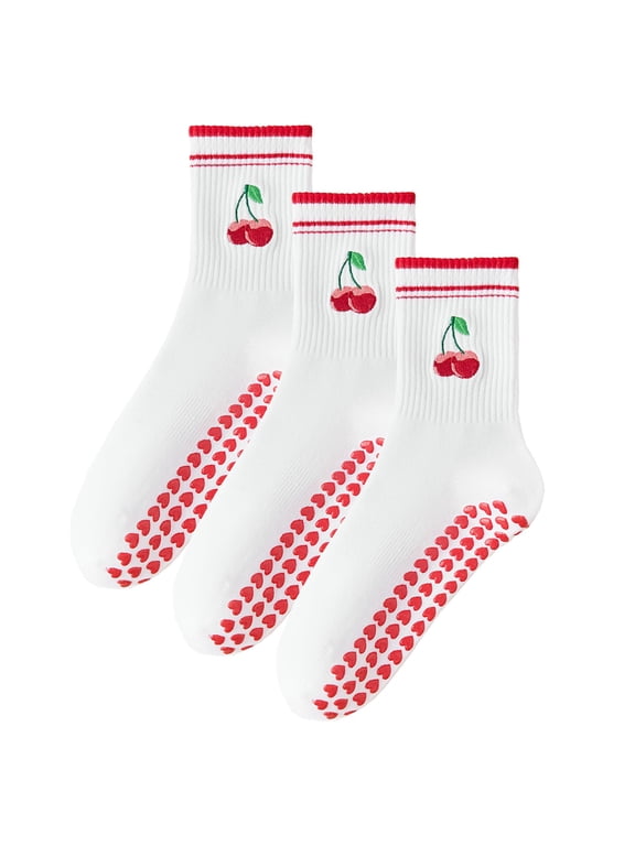 Cherry Socks with Non-Slip Grips Pilates Yoga Grippy Workout Athletic Crew Anti-Slip Grip Socks for Women Gifts