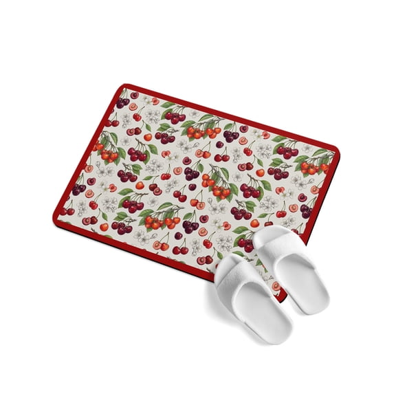 Cherry Soft Diatomaceous Earth Mat, Retro Pink Red Cherry White Floral Beige Texture Absorbent Bath Mat Non Slip Rubber Backed Quick Dry Doormat Fit Under Door for Bathroom Kitchen 24"x36"