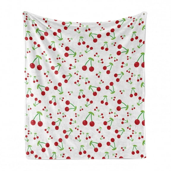 Cherry Soft Flannel Fleece Throw Blanket, Simplistic Layout of Fruit Pattern in Irregular Sizes Summer Fun, Cozy Plush for Indoor and Outdoor Use, 50" x 70", Vermilion Lime Green, by Ambesonne