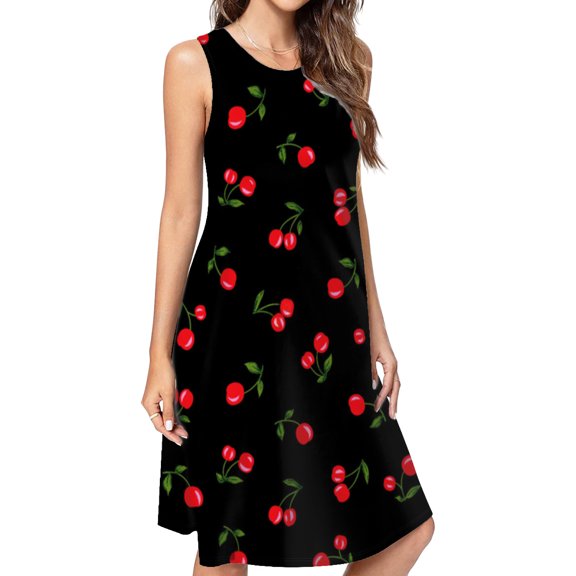 Cherry Spring Summer Dresses For Women Fashion Dress Casual Sleeveless Loose Sundress With Pockets
