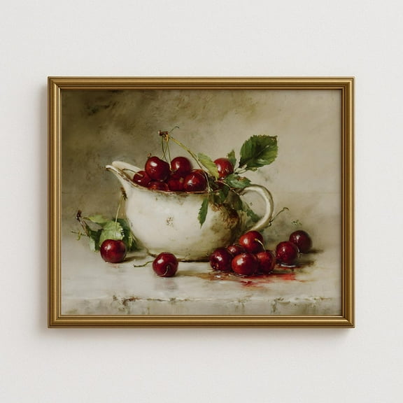 Cherry Still Life Wall Art, Rustic Fruit With Red Cherries In White Pitcher, Farmhouse Kitchen Dining Room Home Decor #1135, Stretched Canvas Size 16x24