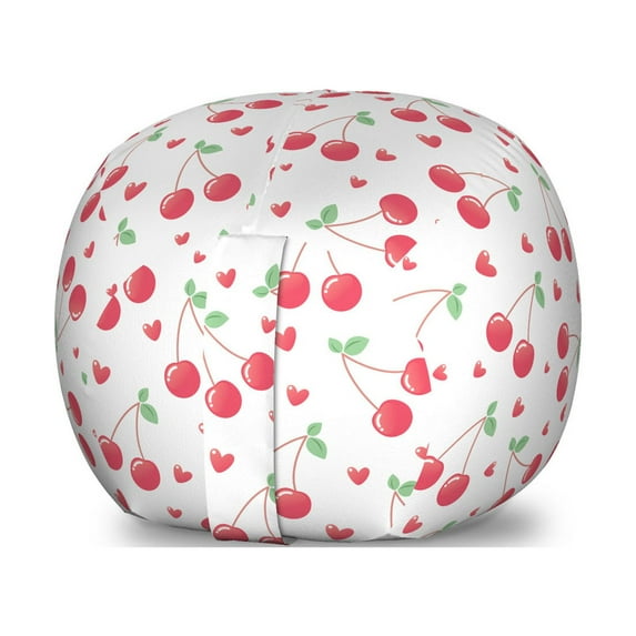 Cherry Storage Toy Bag Chair, Pinkish Summer Season Layout of Fruit with Leaf and Hearts Botany Art, Stuffed Animal Organizer Washable Bag, Small Size, Coral Green, by Ambesonne