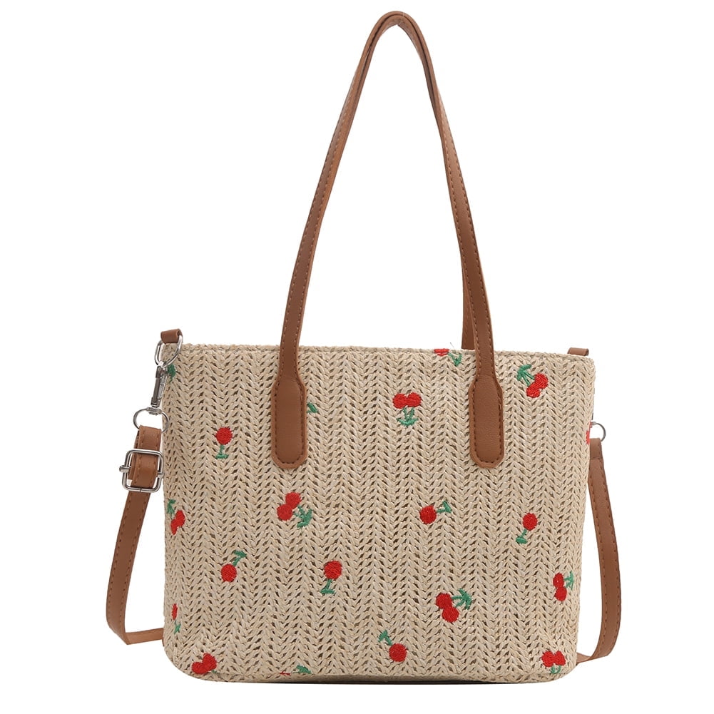 Cherry Straw Woven Tote Bag - Summer Beach Bag Handbag for  display picture 1