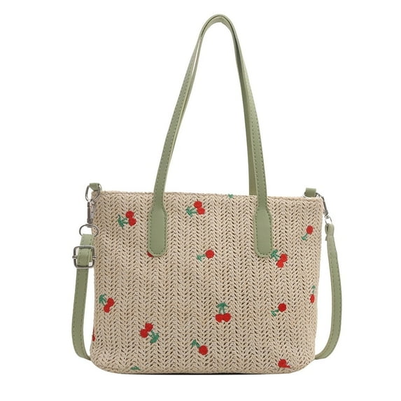 Cherry Straw Woven Tote Bag - Summer Beach Bag Handbag for Women - Fashion Shoulder Bag Large Capacity Stylish Crossbody Bag Adjustable Strap (Green)