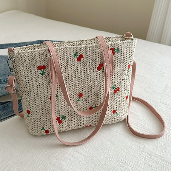 Cherry Straw Woven Tote Bag - Summer Beach Bag Handbag for Women - Fashion Shoulder Bag Large Capacity Stylish Crossbody Bag Adjustable Strap (Pink)