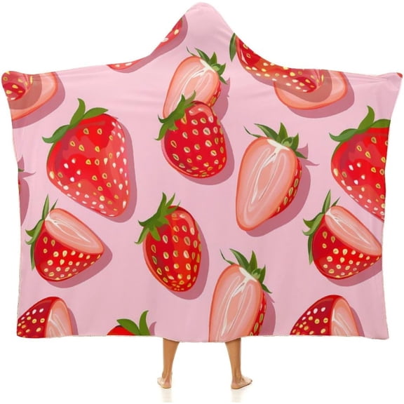 Cherry Strawberry Raspberry Wearable Hooded Blanket Throw Cloak Wrap Warm Robe Cape for Bed Couch
