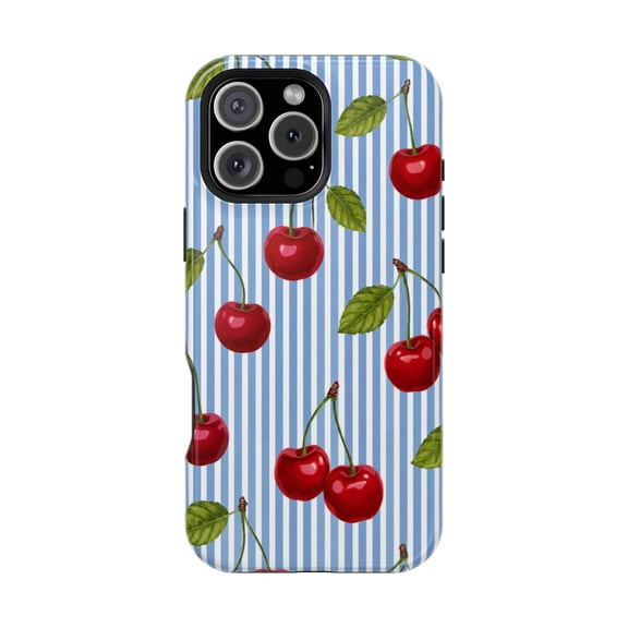 Cherry Stripe Tough Phone Case, Cute Striped Dual Layer Shockproof Protective Cover Compatible with iPhone 11