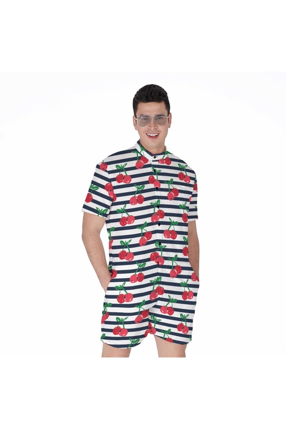 Cherry Striped Pattern Short Sleeve Men'S Rompers, Flower Cherry Floral Casual Summer Jumpsuits Outfit