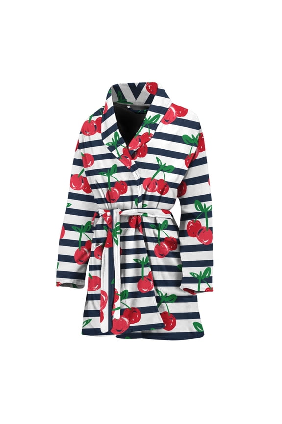 Cherry Striped Pattern Women Bathrobe One Size Univeral Fits, Flower Cherry Floral Fashion Lightweight Plush Fleece Long Robe For Women