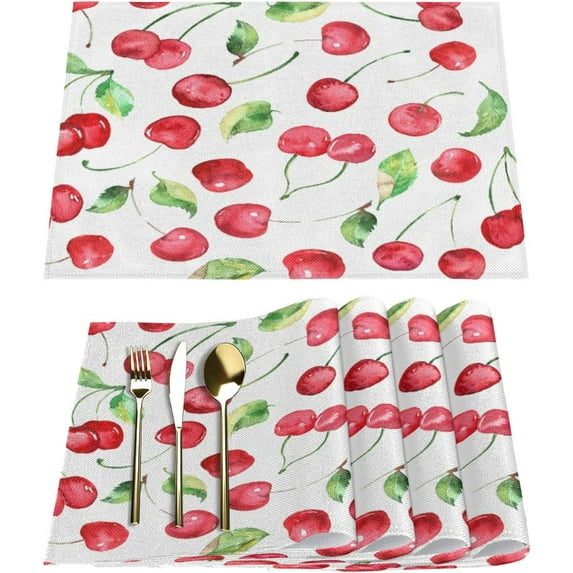 Cherry Summer Placemats Set of 6 Rectangle Table Mats Washable Heat-Resistant Place Mat for Kitchen Dining Table Decor Indoor Outdoor