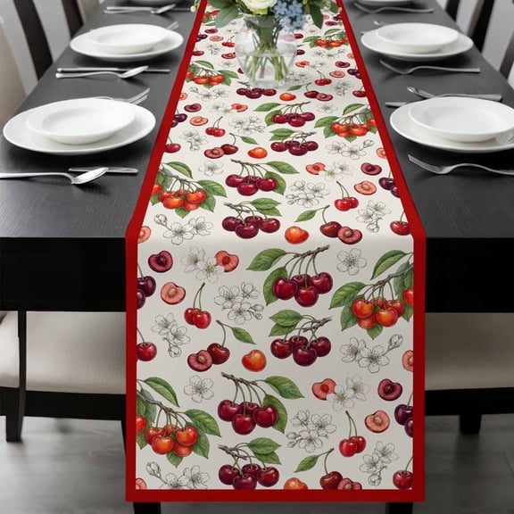 Cherry Table Runner, Retro Pink Red Cherry White Floral Beige Texture Washable Cotton-linen Table Runners Dining Kitchen Decoration for Everyday Home Wedding Party Decor, 13 x 72 Inch