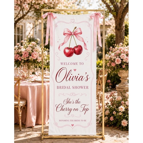 Cherry Theme Bridal Shower Welcome Banner, Personalized Bride To Be Fabric Sign, Coquette Party Decor