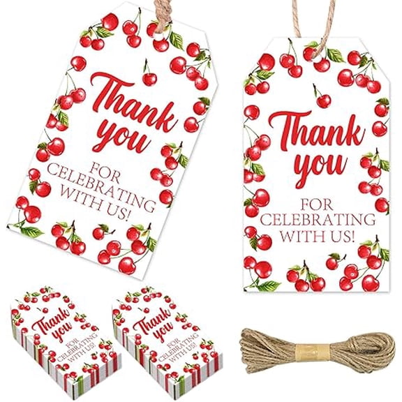 Cherry Theme Party Favor Tags, 50pcs Thank You for Celebrating With us Gift Tags Cherry Theme Fruit Name Goodie Tags for Cherry Fruit Birthday Baby Shower Wedding Party Decoration