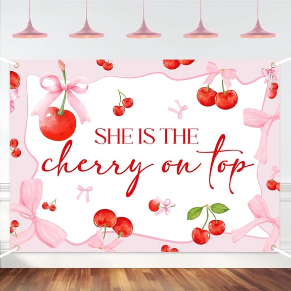 She's The Cherry on Top Baby Shower Backdrop Cherry Baby Shower Photography Background Pink Bow Fruit Theme Bridal Shower Bachelorette Wedding Party Decorations Banner Photo Booth Props