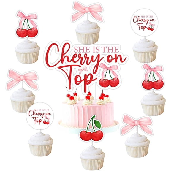 She's The Cherry On Top Baby Shower Cake Toppers Cherry Themed Cupcake Toppers Coquette Cherry Bachelorette Party decor Cherry Cake decor for Girls Baby Shower Bridal Shower Birthday Party