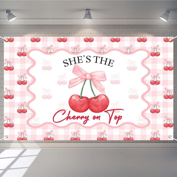 Cherry on Top Backdrop Cherry Theme Bow First Birthday Photography Background for Girl Pink Gingham Sweet 1st Birthday Party Decorations Banner Photo Booth Props
