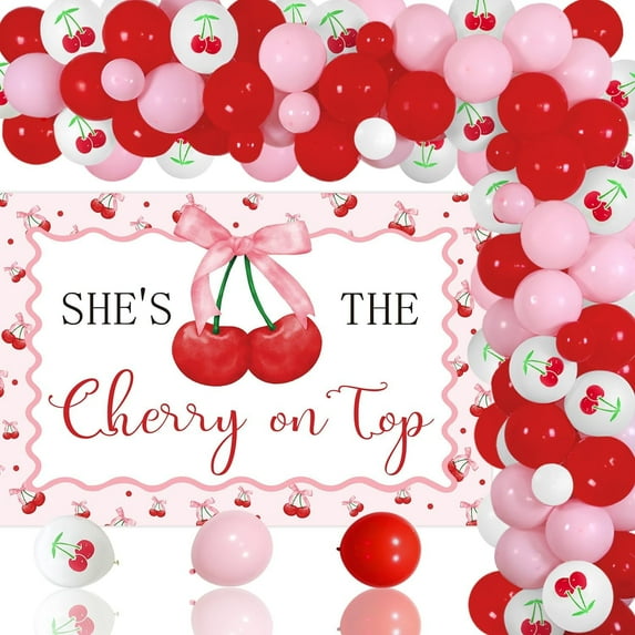 She's The Cherry on Top Decorations Coquette Cherry Backdrop Red Cherry Printed Balloon Garland Arch Kit Fruit Theme Bridal Shower Decor for Sweet Girl Baby Shower Engagement Birthday Party