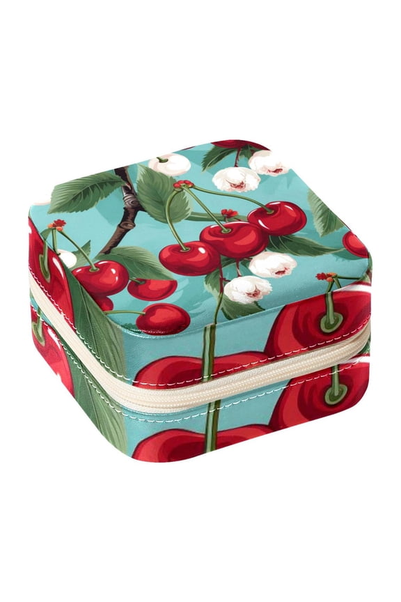 Cherry Travel Portable Square Jewelry Box Organizer: Ideal Solution for Rings, Earrings, Necklaces, Bracelets, and More! Gift for Girls and Women.