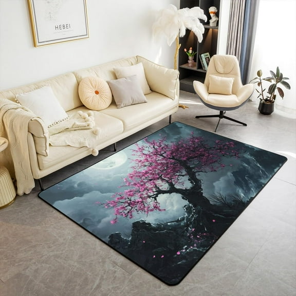 Cherry Tree Area Rug,Japanese Aesthetic Cherry Blossoms No Shedding Area Rugs For Bedroom,Exotic Moon Night Area Rug,Retro Nature Landscape Non Slip Washable Decor Carpet 5x7ft