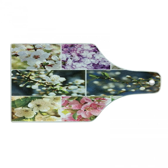 Cherry Tree Cutting Board, Spring Collage with Twiggy Cherry Blossom Sakura Trees and Jasmine Branches, Tempered Glass Cutting and Serving Board, Wine Bottle Shape, Multicolor, by Ambesonne