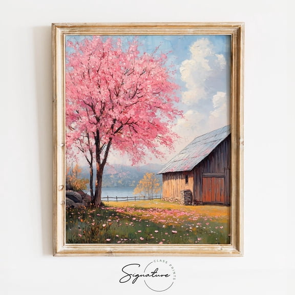 Cherry Tree In Bloom, Springtime Wall Art, Rustic, Vintage Cottagecore Decor, Blossoming Landscape Art 3931 Home Decor, 24x36 UNFRAMED