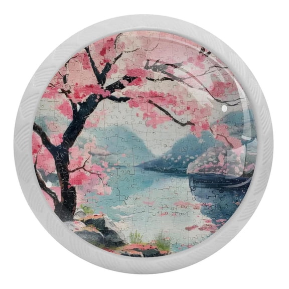 Cherry Tree Landscape Puzzle Crystal Glass Drawer Knob Pull Ergonomic 30mm Circle Glowing Furniture Cabinet Handle for Kitchen Dresser Cupboard Wardrobe