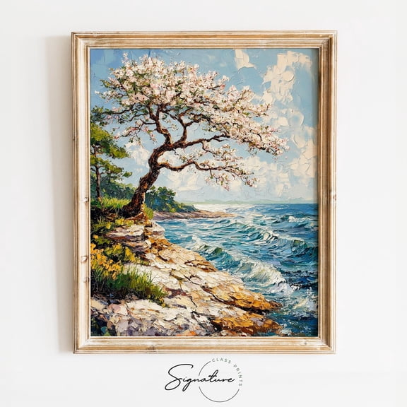 Cherry Tree, Rustic Spring Wall Art, Earthy Nature Scene, Vintage Rocky Landscape Decor 3932 Home Decor, 24x36 UNFRAMED