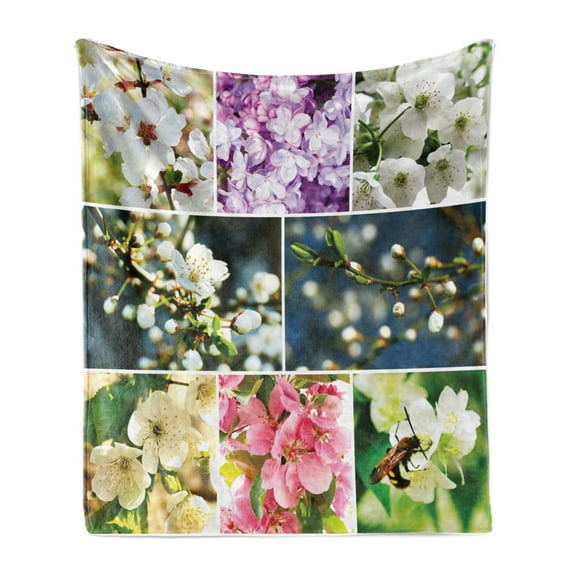 Cherry Tree Soft Flannel Fleece Throw Blanket, Spring Collage with Twiggy Cherry Blossom Sakura Trees and Jasmine Branches, Cozy Plush for Indoor and Outdoor Use, 70" x 90", Multicolor, by Ambesonne