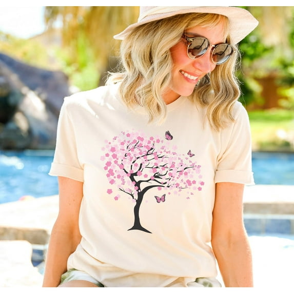 Cherry Tree With Butterflies Shirt, Sakura Tree, Graphic Shirt, Unisex Spring T-Shirt, Nature, Cherry Blossom Idea