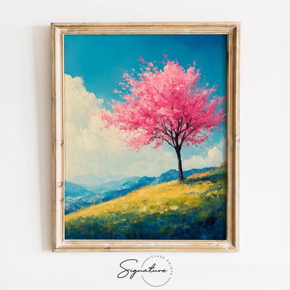 Cherry Tree in Bloom Art, Rustic Spring Landscape, Vintage Cottagecore Decor, Single Tree Wall Poster 3952 Unframed Paper Print